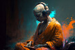 Shaven headed monk wearing orange robes sat listening to a tablet with large headphones. Generative AI, this image is not based on any original image, character or person.