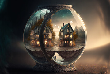 Glass globe, fishbowl, with a house inside. Generative AI picture.