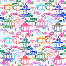 Colorful Pagodas And Trees. Seamless Vector Pattern With Sketch Hand Drawn Illustrations With Chinoiserie Theme
