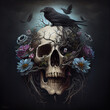 © Jacques Evangelista - a skull with long black hair underwater flowers and birds. Dark
