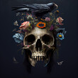 © Jacques Evangelista - a skull with long black hair underwater flowers and birds. Dark