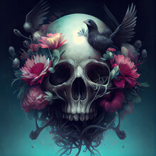 A Skull With Long Black Hair Underwater Flowers And Birds. Dark