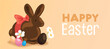 Chocolate easter bunny with easter eggs vector illustration banner and decorative flowers. Springtime easter sales poster template.