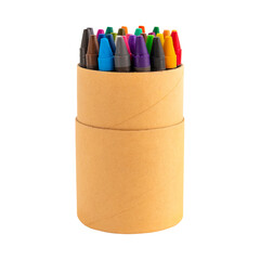 Colored waxy pencils in eco cardboard box isolated on transparent background. Colorful non-toxic pastel sticks of pigmented wax in paper cup for writing art drawing.Back to school artistic education