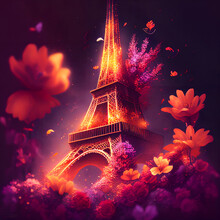 Eiffel Tower With Lights Colorful Flowers