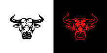 Bull Head Logo On White And Black Background Vector Template. Stylized Buffalo Mascot Design. Animals Silhouette Illustration.