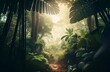 Intricate beauty of rainforest, jungla, tropical forest with big monstera leaves, stunning green horizontal background #3, warm lights, key visual, generative ai