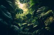 © rob2588 - Intricate beauty of rainforest, jungla, tropical forest with big monstera leaves, stunning green horizontal background #1, warm lights, key visual, generative ai