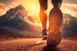 Leinwandbild Motiv Close-up at the runner feet is start running forward to the beautiful view of mountain with orange sun light environment as background. Sport action and human challenge concept. Generative Ai image.