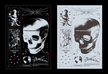 Wall Mural - retro futuristic poster with human skull. abstract print with noise, for streetwear, print for t-shi