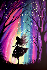 Wall Mural - Girl dance silhouette in the colorful sparkling dust Powder and Glitter on Black Background, Generative Ai of Girl Dance Silhouette