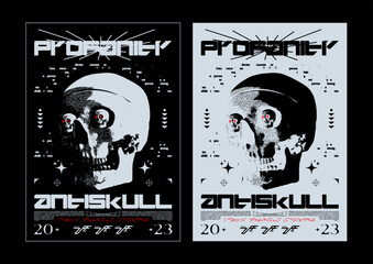Wall Mural - retro futuristic poster with human skull. abstract print with noise, for streetwear, print for t-shi