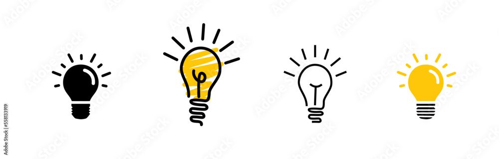 Linear Glowing light bulb on white background. Set icon in Doodle style ...