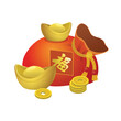 Realistic sycees gold ingots yuanbao isolated vector illustration clipart with red money bag and pile of gold coins. Chinese New Year decorative elements.