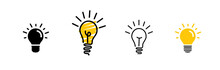 Linear Glowing Light Bulb On White Background. Set Icon In Doodle Style.