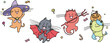 Set of cute halloween cats vectors  jumping Cats dressed with Halloween cpstume.Cat with witch hat, cat with vampire costume and devil costume. 