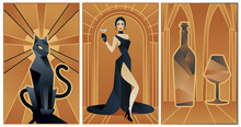 Art Deco Illustrations Of Cat, Bottle Of Wine And Fashion Lady