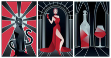 Art Deco Illustrations Of Cat, Bottle Of Wine And Fashion Lady	
