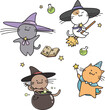Set of cute halloween magicians and witches cats vector