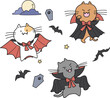 Set of cute halloween vampires cats vector. Cartoon cats dressed with vampire costume.