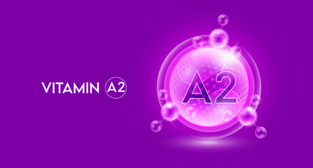 Sticker - Vitamin A2 and bubble atom molecule collagen serum chemical formula shield protection skin. Skincare anti age nutrition supplement multivitamin complex. On purple background. 3D vector.