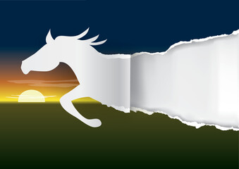 Horse silhouette ripping paper with abstract sunset landscape. 
Paper silhouette of running horse tearing paper background. banner template. Place for your text or image. Vector illustration.
