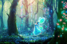 Dancing Fairy In An Enchanted Magical Forest. Digital Artwork	
