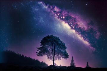starry sky with blue milky way. night landscape with tree against colorful milky way. amazing galaxy