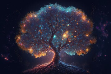 divine tree with glitter glow light, tree of the universe, tree of life