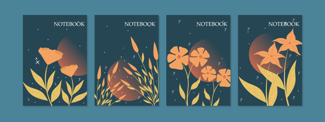 Wall Mural - set of book cover designs with hand drawn floral decorations. night theme blue color background. size A4 For notebooks, planners, brochures, books, catalogs
