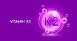 Vitamin K2 and bubble atom molecule collagen serum chemical formula shield protection skin. Skincare anti age nutrition supplement multivitamin complex. On purple background. 3D vector.