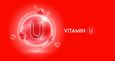 Vitamin U and bubble atom molecule collagen serum chemical formula shield protection skin. Skincare anti age nutrition supplement multivitamin complex. On red background. 3D vector.