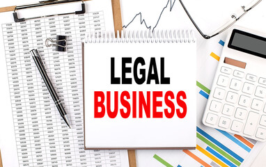Poster - LEGAL BUSINESS text on notebook with chart, calculator and pen
