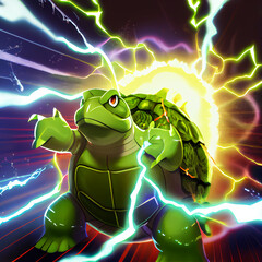 Wall Mural - Cartoon turtle charged with electricity ai art