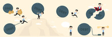 Business vector illustrations. Collection of businessman or employee taking part in giant steel ball with debt messag. Business debt concept