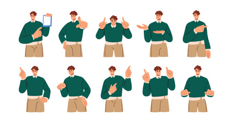 Aufkleber - Business person pointing with index finger to sides. Businessman showing up, down with hand gestures. Happy man presenting with forefinger. Flat vector illustration isolated on white background