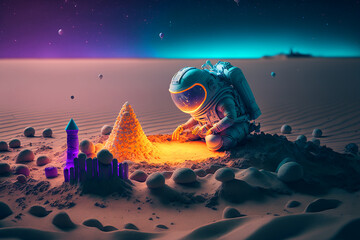 Canvas Print - astronaut building a sand castle on a beach. Generative AI
