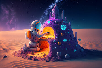 Canvas Print - astronaut building a sand castle on a beach. Generative AI