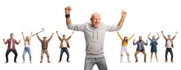 Canvas Print - Bald man gesturing happiness and group of people cheering in the back