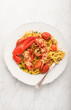 Lobster linguine  pasta  on the white marble  table. Delicatessen, rare seafood pasta recipe. Sardinia, Sicilian, Neapolitan cuisine. Italian and French food. Top  view
