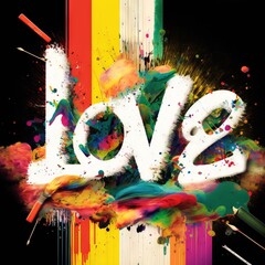 the word love is painted in white and multicolored paint on a black background with multi - colored splatters and paint splats around it, and the word love is surrounded by the letters., generative ai