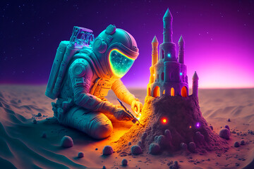 Canvas Print - astronaut building a sand castle on a beach. Generative AI