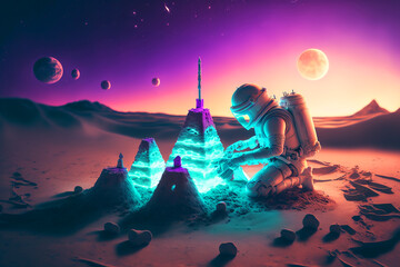 Canvas Print - astronaut building a sand castle on a beach. Generative AI
