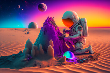Canvas Print - astronaut building a sand castle on a beach. Generative AI