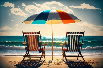 Beach chairs with umbrellas on the beach. Generative AI