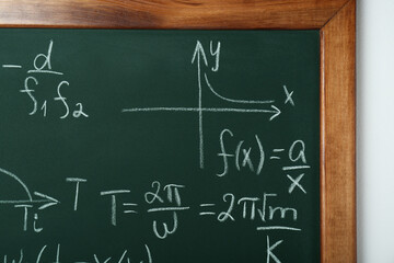 Wall Mural - Chalkboard with many different math formulas on white wall, closeup