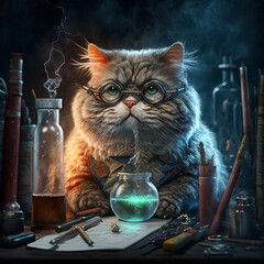 A portrait of a serious scientist cat in glasses doing a science experiment in a magical laboratory. Created with Generative AI. Midjourney illustration