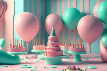 Wall Mural - Minimal stylish Birthday Party in pastel colors. Generative AI
