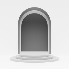 Poster - mock up podium 3d rendering with grey stand and background door