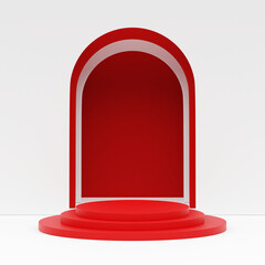 Poster - mock up podium 3d rendering with red stand and background door